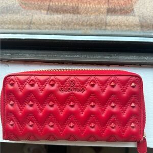 Valentino Red Quilted Stud Zip-Around Wallet